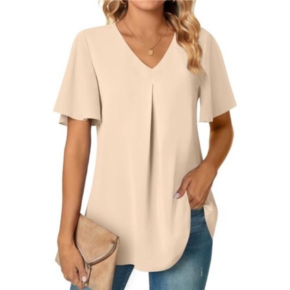 Womens Summer Dressy Chiffon Blouses V Neck Short Sleeve Tunic Tops for Leggings - Picture 2 of 9